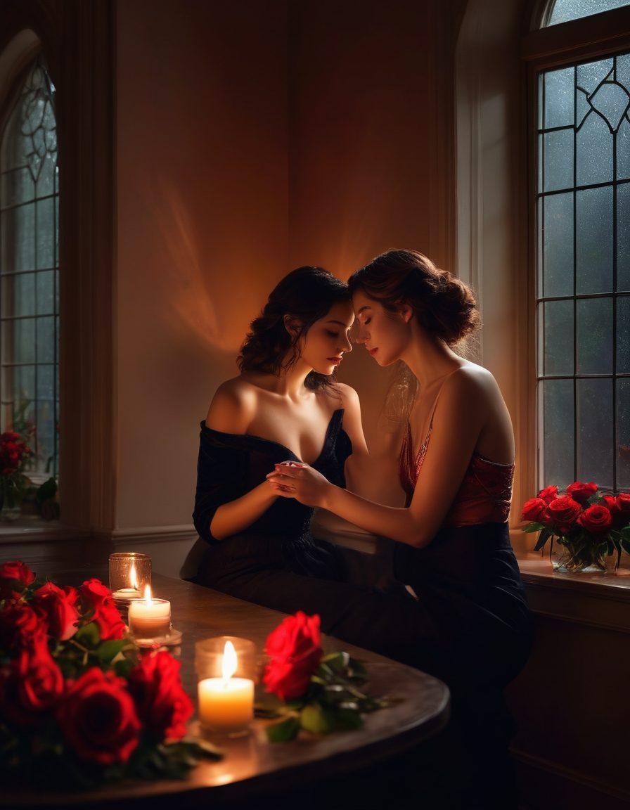 A sultry, dimly lit setting featuring a couple engaged in deep conversation, surrounded by flickering candles and lush red roses. Their expressions convey intimacy and connection, with subtle body language suggesting attraction. A cozy, inviting atmosphere with soft shadows plays on the walls. The background hints at a starry night through a large window, adding a hint of mystery. This scene captures the essence of passionate connection and seduction. super-realistic. moody lighting. vibrant colors.