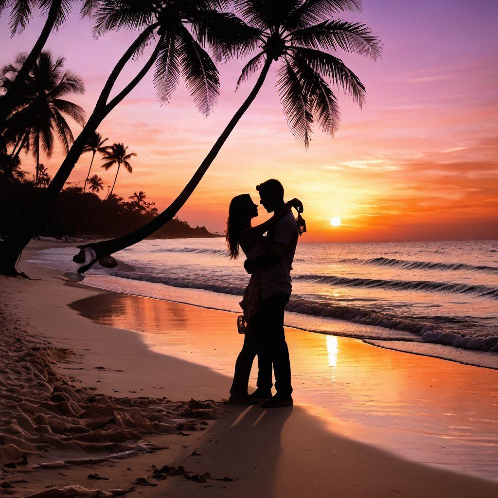 A serene tropical beach at sunset, where gentle waves kiss the shore, creating a mesmerizing shimmer. Silhouettes of a couple are playfully embracing, surrounded by lush palm trees swaying in the warm breeze. Soft pink and orange hues fill the sky, enhancing the romantic ambiance. Delicate seashells and glowing lanterns scattered in the sand add a whimsical touch. vibrant colors. super-realistic. romantic mood.